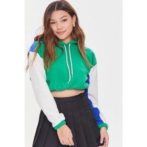 NWOT Forever 21 Green Colorblock Cropped Fleece Hoodie, Women's Medium